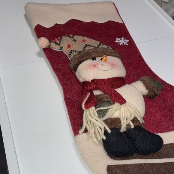 New 3D Plush Christmas Stocking Felt Snowman Snow Girl Skiing Red - Picture 2 of 5